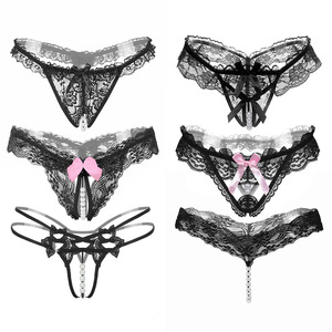 Lot de 6 culottes string pour femmes, dentelle noire, détail perle, taille basse, respirantes, lingerie sexy - Product Image 1