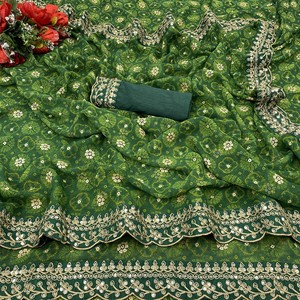 Sari en Georgette Chiffon à Imprimé Floral et Broderies Métallisées avec Blouse Non Cousue - Product Image 1