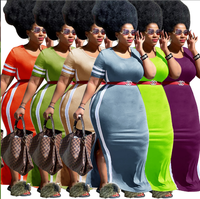 Robe longue fendue à col rond pour femme, grande taille, unie et à rayures, avec empiècements