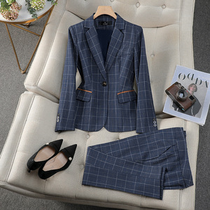 Plaid Suit Set Women Spring Autumn Office Lady Full Sleeve Polyester Anti-Wrinkle Two Piece Professional Attire - Product Image 1