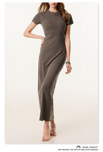 T-shirt d'été décontracté pour femmes robe à manches courtes col rond crayon longue Maxi fendue rayure tenue de plage - Product Image 4