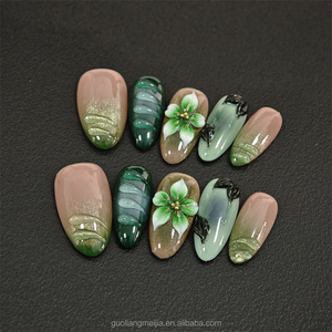 Faux ongles à pression <span class=keywords><strong>vert</strong></span> dégradé avec motif floral 3D, forme amande, pour usage quotidien et <span class=keywords><strong>manucure</strong></span> de fête - Product Image 1