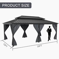 Gazebo moderne 12' x 20' à toit rigide robuste, en acier galvanisé gris, avec double toit, moustiquaire et rideaux