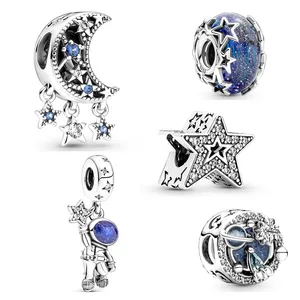 S925 argent Sterling astronaute galaxie étoile croissant de lune Murano perle breloques ajustement Original Pandora Bracelet bricolage femmes cadeau bijoux