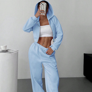 Ensemble sweat-shirt à capuche et pantalon de survêtement zippé décontracté pour femmes, couleur unie, épaules tombantes - Product Image 5