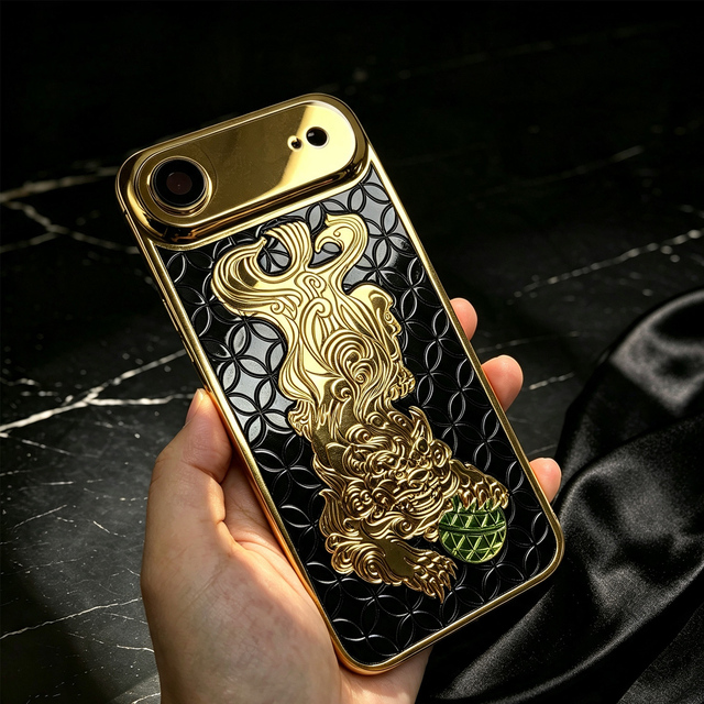 For iPhone 17 Air Black Gold Pixiu Fortune Back Cover, Retro Coin Texture Chinese Lucky Case, Custom Image Printing  Available
