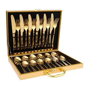 מכירה לוהטת 24 pcs כלי שולחן סט סכין כפית מזלג סטי סכו"ם יוקרה זהב סכו"ם סט נירוסטה עם אריזת מתנה