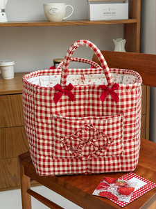Cesta de lavandería coreana de algodón acolchado ligero con estampado de guinga, cesta plegable para artículos domésticos, bolsa de almacenamiento. - Product Image 6