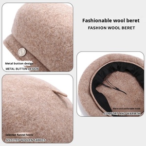 Boina de lana de ala ancha para mujer, nueva, sencilla y versátil, con etiqueta metálica, estilo pintor, cálida, para otoño e invierno, ideal para ocasiones informales. - Product Image 3