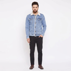 Chaqueta vaquera de hombre con forro de lino para otoño, gruesa y cálida, con cuello alto, azul desgastado, cortavientos, con capucha, estilo casual y a la moda. - Product Image 1