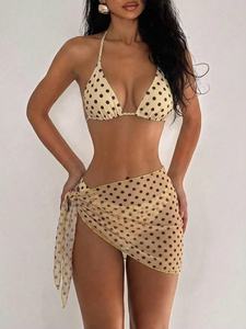 <b>Women</b> Polka Dot Bikini Set With Wrap <b>Skirt</b> Sexy Halter Top Plunge Bra Spandex Polyester Swimwear - Product Image 1