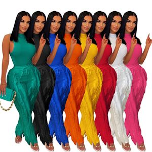 Pantalon <span class=keywords><strong>long</strong></span> à franges deux pièces pour femmes et ensemble décontracté sans manches avec garniture en dentelle tenue d'été sexy - Product Image 3
