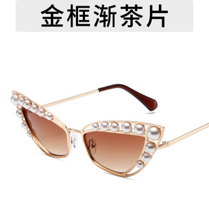 Gafas de Sol de Moda 8071, Diseño Moderno y Popular, Logotipo Personalizado, Gafas de Sol Triangulares con Ojo de Gato, Decoradas con Perlas Grandes, Montura Metálica - Product Image 6