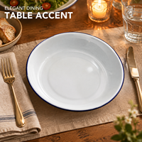 Assiette de table ronde en métal émaillé blanc avec logo personnalisé et bord bleu cobalt pour la marque de restaurant, pique-nique et table.
