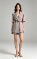 Ensemble tailleur short et blazer rose poudré pour femme 2026, avec ceinture, coupe ajustée, style urbain, 100 % coton, écologique