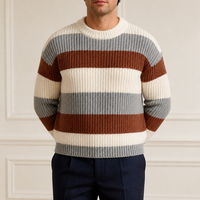 Pull en cachemire 100% personnalisé anti-rides pour homme, col rond, tricot côtelé rayé, épais et chaud, idéal pour l'automne, vente en gros