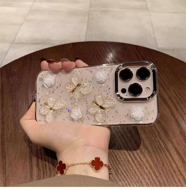 Rhinestone Lens Frame 3D Butterfly Resin Drops Phone Case for iPhone Iphones+15+pro+max 17 16 Pro Max
