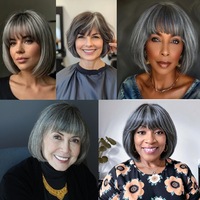 Perruque courte bouclée sans lacet, 100 % cheveux humains véritables, fabriquée à la machine, 8 pouces, en gris foncé, gris clair, gris grand-mère