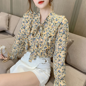 Nueva moda <span class=keywords><strong>mujer</strong></span> señoras primavera <span class=keywords><strong>camisas</strong></span> <span class=keywords><strong>elegantes</strong></span> <span class=keywords><strong>manga</strong></span> <span class=keywords><strong>larga</strong></span> cuello en V lazo Correa Floral Tops blusa camiseta Casual camisa - Product Image 2