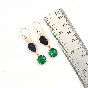 Dainty iolite rough & green onyx double gemstone classic style earrings gold plated dangle drop hook pairs fashionable jewelry