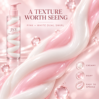 Lotion corporelle rose et blanche à double tourbillon, texture crème bicolore visible, soin hydratant doux et emballage haut de gamme