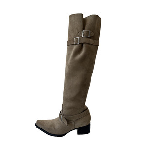 Bottes hautes pour femmes avec boucle, talon épais, bout pointu, en faux daim, pour l'hiver et les soirées - Product Image 1