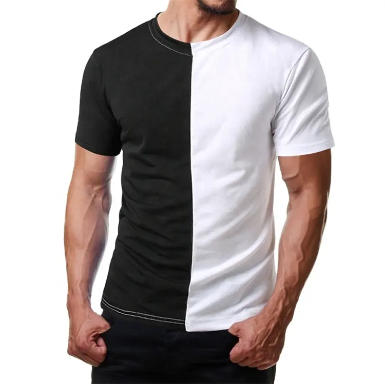 T-shirt fendu deux tons pour hommes, haut personnalisé à la mode, bloc de couleur moitié noir 100% blanc