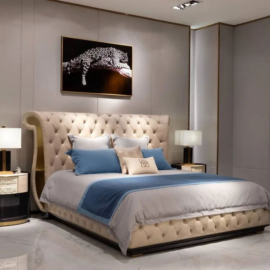 Cama de diseño italiano, muebles de dormitorio de lujo, juegos de cuero de grano superior, cama King Size, juego de cama doble de cuero de acero inoxidable