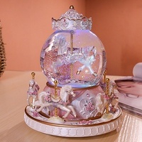 Personnalisé Offre Spéciale Exquis Sculpté Couleur Creative Cadeau D'anniversaire Ronde Licorne Carrousel En Verre Boîte À Musique Avec Lumières Led De Couleur