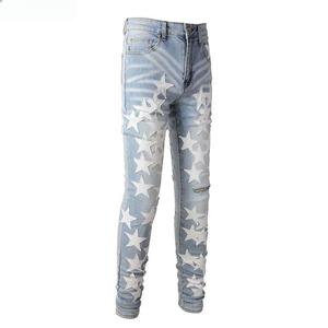 Pantalones vaqueros desgastados ajustados para hombre, Parche de estrella, cremallera en la entrepierna, diseño elástico rasgado, ropa informal estilo Hip Hop para invierno - Product Image 2