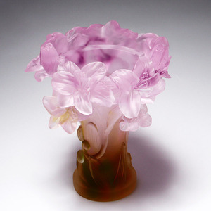 Pink Multicolor Lily Relief Pate De Verre Vase Handcrafted Art Glass Flower Vase For Home Decor And Floral Arrangements - Product Image 3