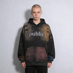 Fabricante de Ropa Personalizada, Sudadera con Capucha para Hombre, Diseño a Mano, Felpa Francesa, Algodón, Corte Cuadrado, Pedrería, Lavado Ácido, Estilo Desgastado - Product Image 3