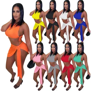 Gaun Ketat Balutan Seksi Pakaian Klub Set Dua Potong Pakaian Atasan Crop Set Rok Bergaris Klub Wanita Gaun 2 Potong