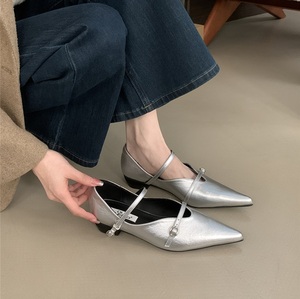 2025 <b>Pointed</b> <b>Toe</b> Women Mary Jane Black Silver Casual Mules Belt Buckle Shallow Low <b>Flat</b> Party Pumps Size 39 Shoes - Product Image 3