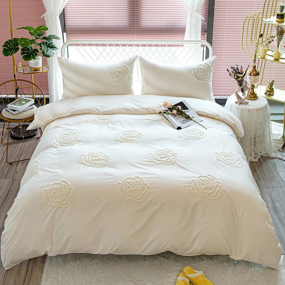 Juego de cama de lujo, toalla bordada, color blanco, rosa, estilo elegante, queen, funda de edredón