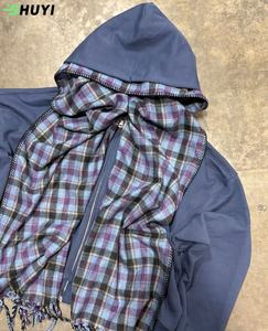 Custom Y2K turbante doppio cappuccio Plaid sciarpe di flanella Boxy Fit Zip up in bianco corti da <span class=keywords><strong>uomo</strong></span> pesanti felpe in cotone caldo con sciarpa - Product Image 1