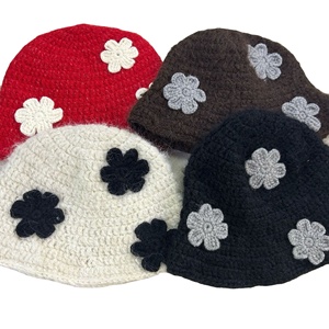 fashion packable woven <strong>hats</strong> for women crocheted knitted thick Warm <strong>bucket</strong> <strong>hat</strong> autumn winter warm <strong>crochet</strong> beanie cap with flowers - Product Image 1