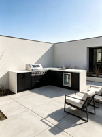 Cuisine extérieure modulaire en forme de L en acier inoxydable, barbecue compact à gaz 5 brûleurs écologique avec évier et réfrigérateur à boissons, îlot BBQ