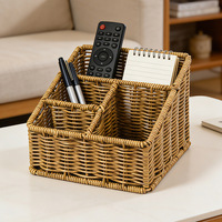 Panier de rangement pour télécommandes en rotin PP tressé avec compartiments divisés pour meuble TV, table basse, bureau, décoration intérieure