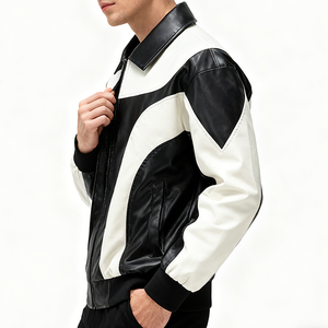 <span class=keywords><strong>Veste</strong></span> en cuir PU vintage à col à revers et fermeture éclair, style streetwear personnalisé, couleur contrastée, pour homme - Product Image 2