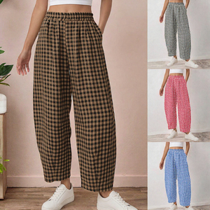 Women Breathable Flat <b>Plaid</b> Barrel <b>Pants</b> High Waist Wide Leg Loose Casual Trousers with Pockets Summer Wear - Product Image 3