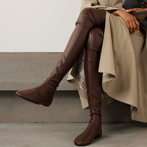 Women Skintight Flat Long <b>Boots</b> Round Toe Over Knee High Flats Shoes Wide Leg Size 46 Big Feet Ladies Booties - Product Image 1