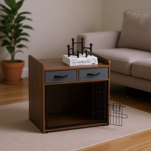 Mueble Jaula para Perros de Interior con 2 Cajones de Tela, Estilo Mesa Auxiliar, Casa para Mascotas de Tamaño Mediano con Techo de Madera - Product Image 2