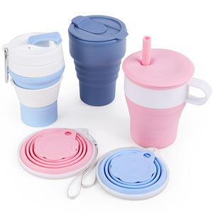 Mug de voyage pliable en silicone avec paille rabattable, tasse portable d'extérieur unisexe, couleur unie, design de style américain - Product Image 1