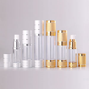 Bouteille sérum de marque avec pompe sous vide, luxe, sans air, en aluminium, couleur argent et or, produits cosmétiques, avec couvercle <span class=keywords><strong>doré</strong></span> - Product Image 1