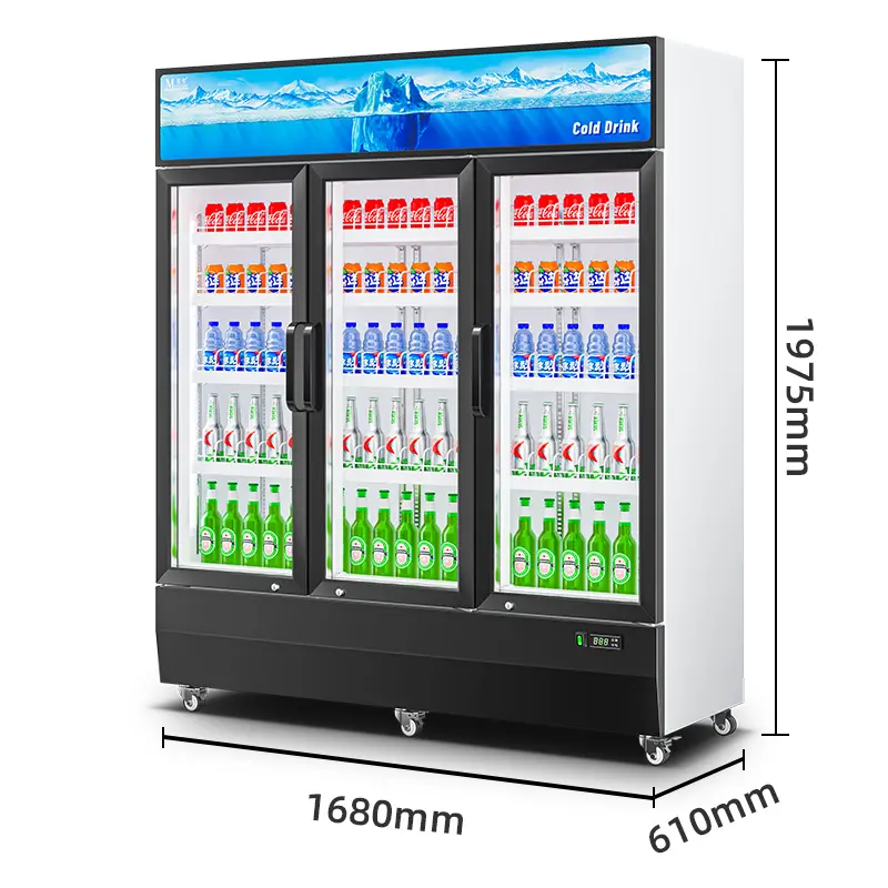 ثلاجة عمودية للمشروبات تجارية من MUXUE مع عرض على باب الزجاج مبرد ينطبق على عرض السوبر ماركت