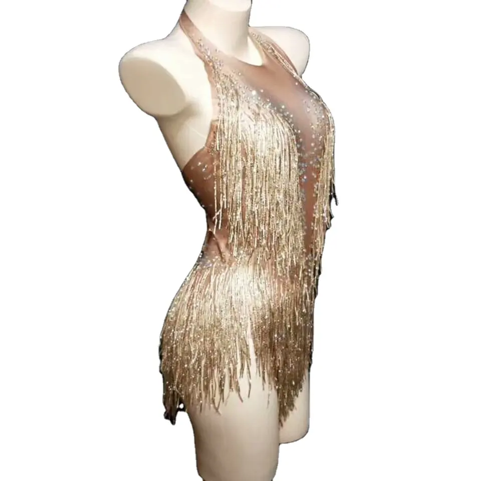 Body à franges en strass scintillants pour femmes, tenue de discothèque, Costume de danse perles, vêtement une pièce pour chanteur de scène, Leotard