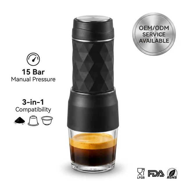 Portable Mini 15 Bar Manual Espresso Machine Food Grade Materials Compatible Ground Coffee for for Capsules