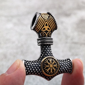 Pendentif vintage en acier inoxydable pour hommes et femmes, marteau de Thor <span class=keywords><strong>Viking</strong></span> 3D, collier avec chaîne en bambou - Product Image 4
