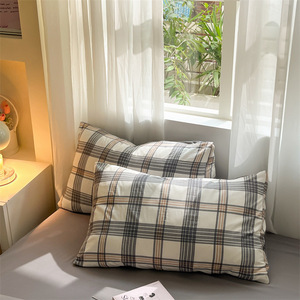 Juego de Ropa de <span class=keywords><strong>Cama</strong></span> de Algodón Lavado con Diseño a Cuadros, Funda de Edredón Suave y Transpirable, Sábana Plana, Funda de Almohada, Suministro Personalizado al por Mayor para Dormitorios Minimalistas - Product Image 4